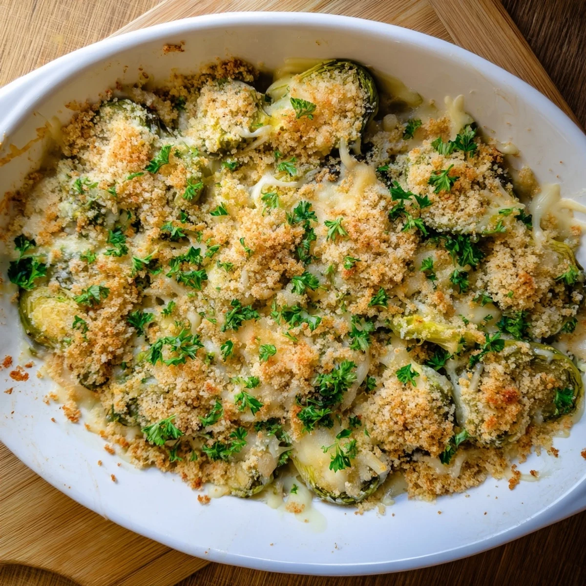 Tender halved Brussels sprouts baked in rich cheese sauce with melted mozzarella and grated Parmesan