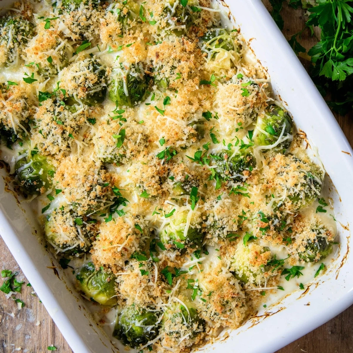 Golden bubbly creamy Parmesan Brussels sprouts casserole topped with crispy panko breadcrumbs and fresh parsley