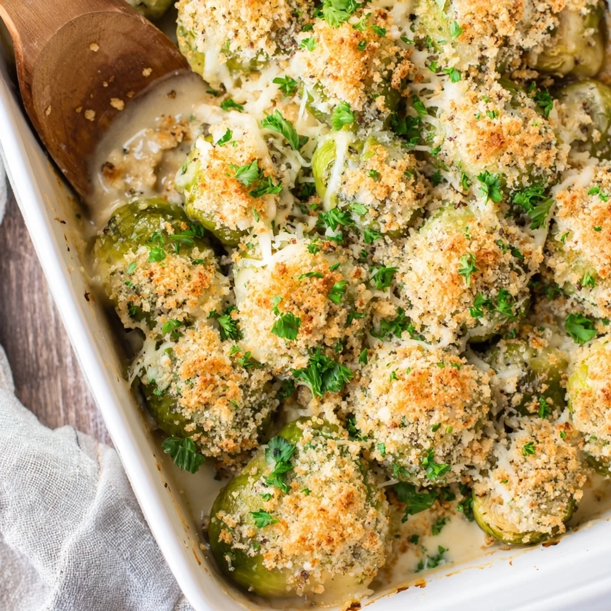 Comforting baked Brussels sprouts casserole with creamy white sauce and golden brown cheesy topping