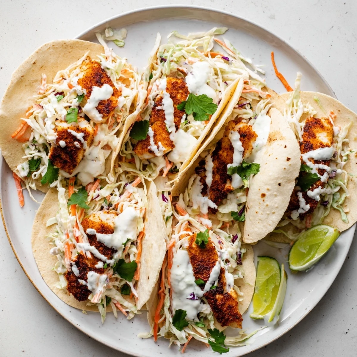Golden baked cod fish tacos topped with colorful cabbage slaw and creamy lime drizzle