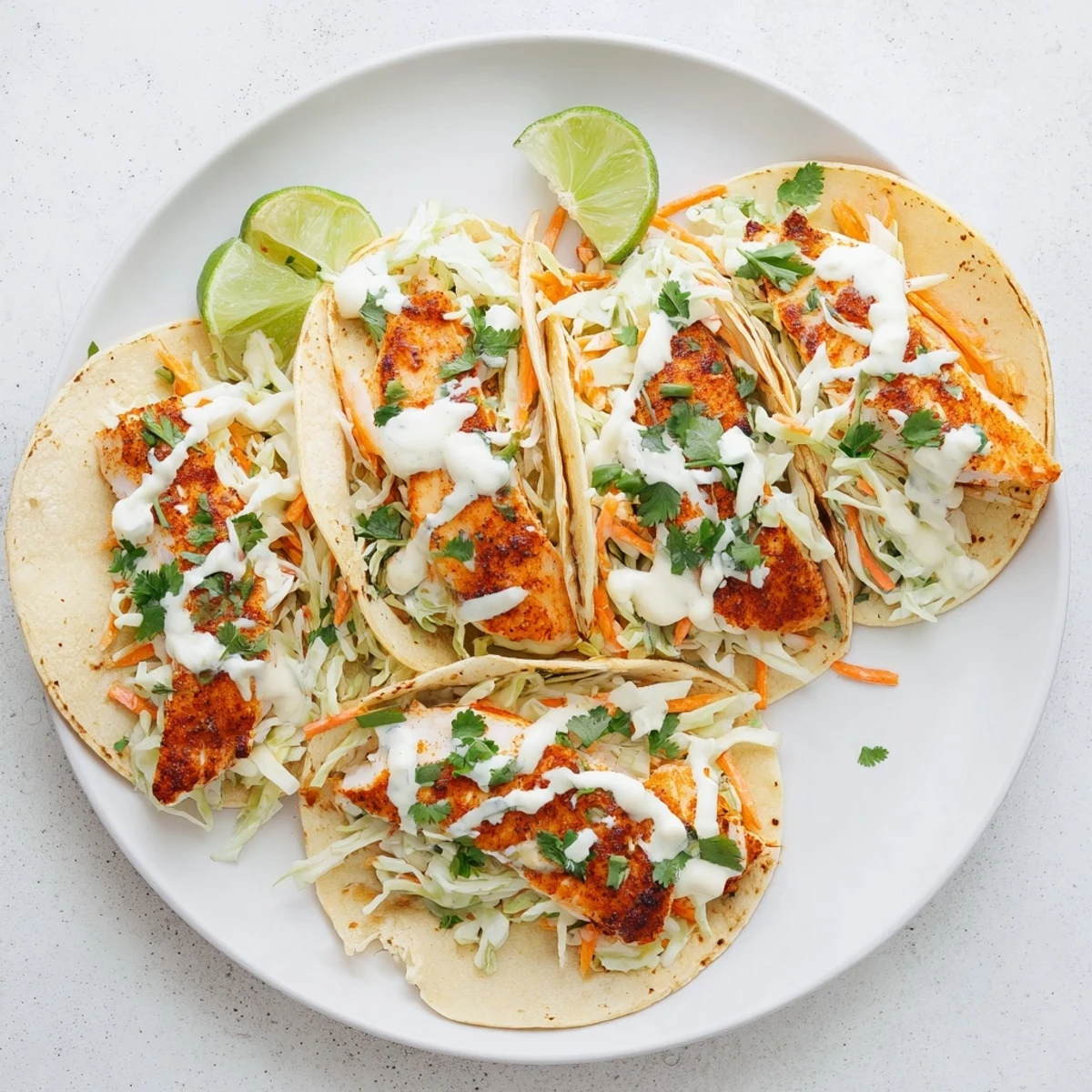 Fresh homemade baked cod fish tacos arranged on a serving platter with lime wedges