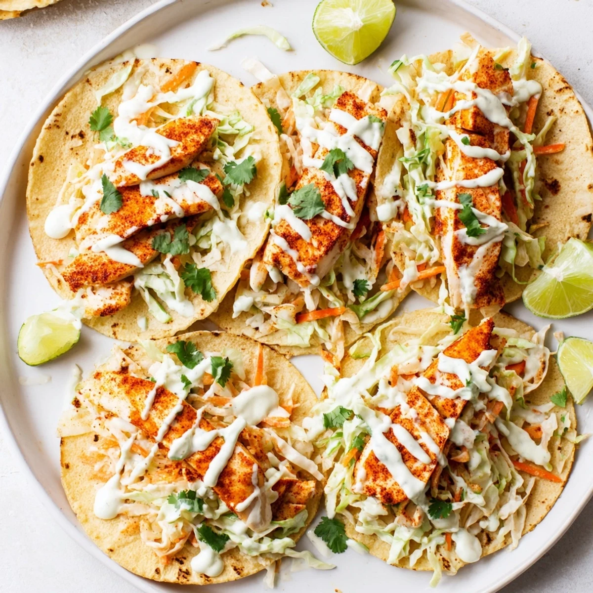 Close-up of baked cod fish tacos featuring flaky seasoned fish and crisp vegetable toppings