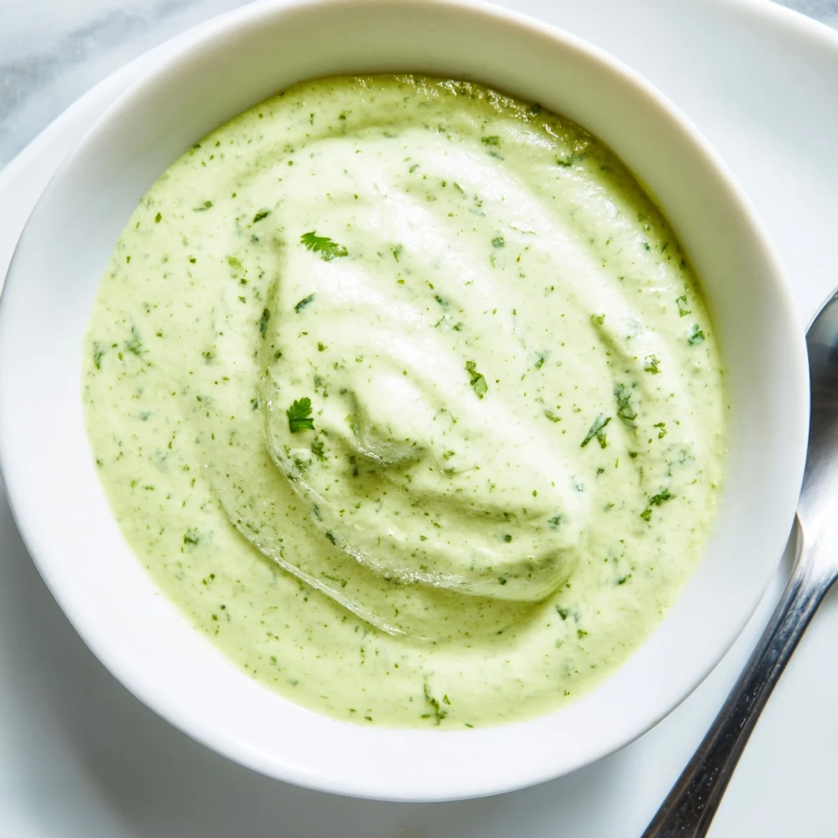 Vibrant green cilantro lime sauce served in small glass bowl alongside crispy tortilla chips
