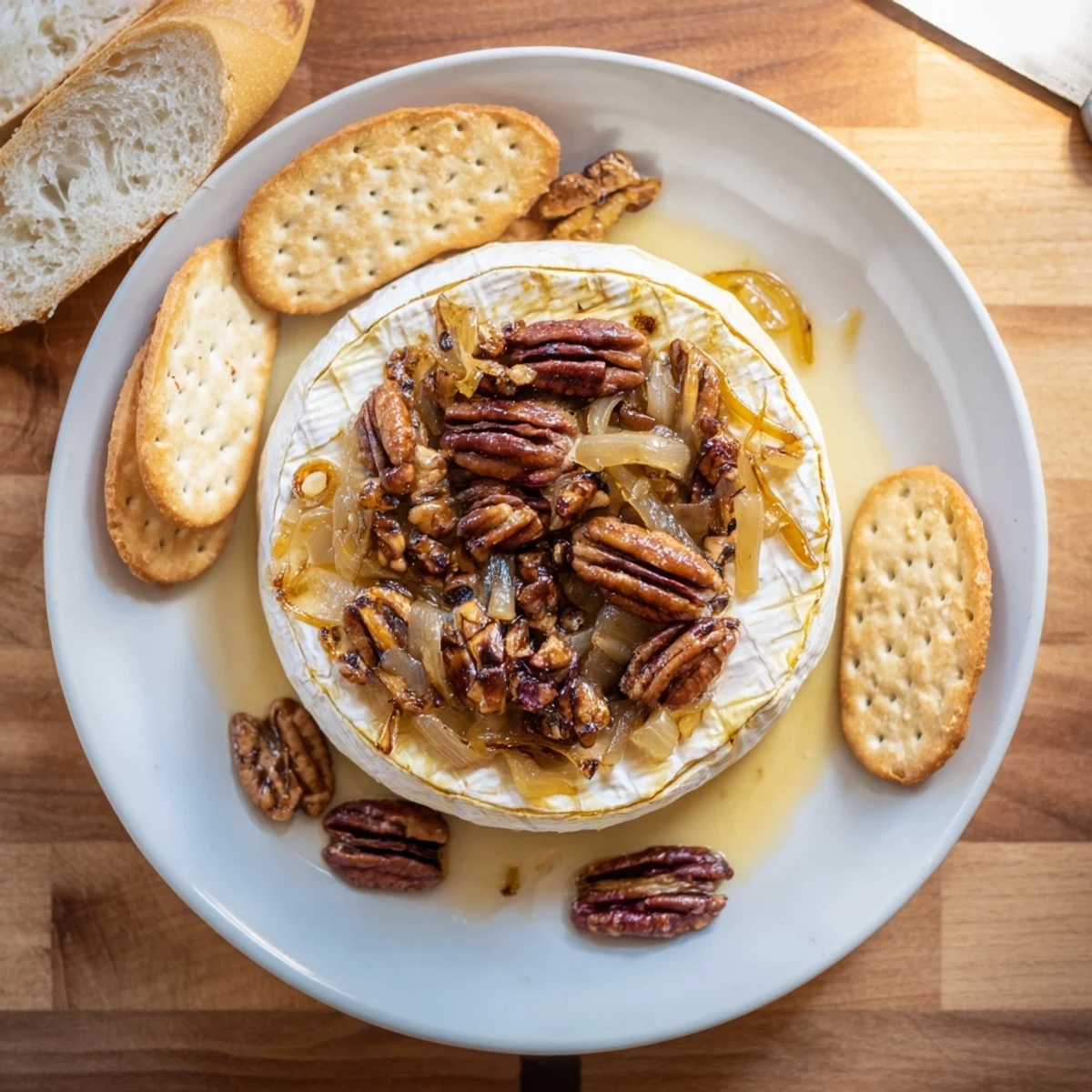 Golden baked brie wheel topped with sweet caramelized onions and crunchy toasted pecans, served warm on a rustic wooden board with crackers