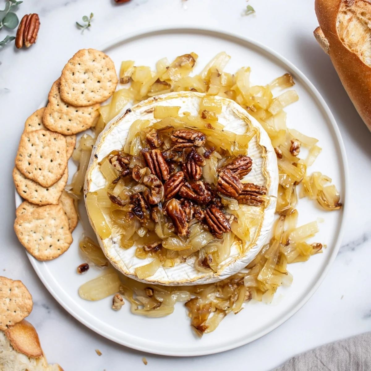 Creamy baked brie with caramelized onions oozing onto toasted pecan topping, presented on a platter with baguette slices for dipping
