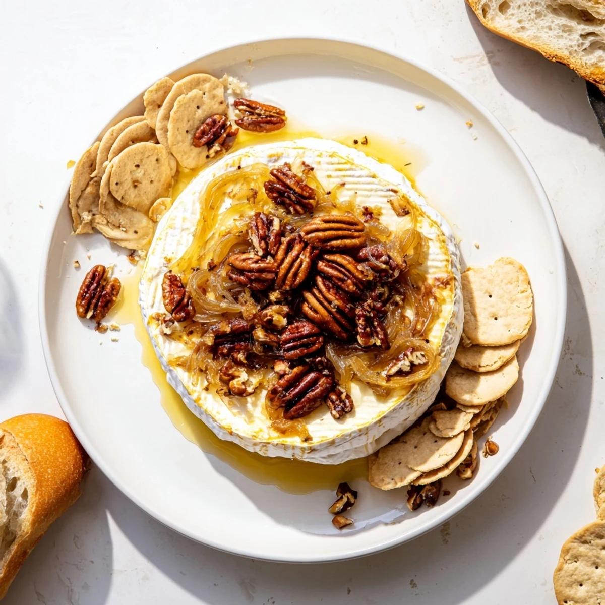 Warm baked brie appetizer featuring golden brown onions and nutty pecans, garnished with fresh thyme and ready for spreading