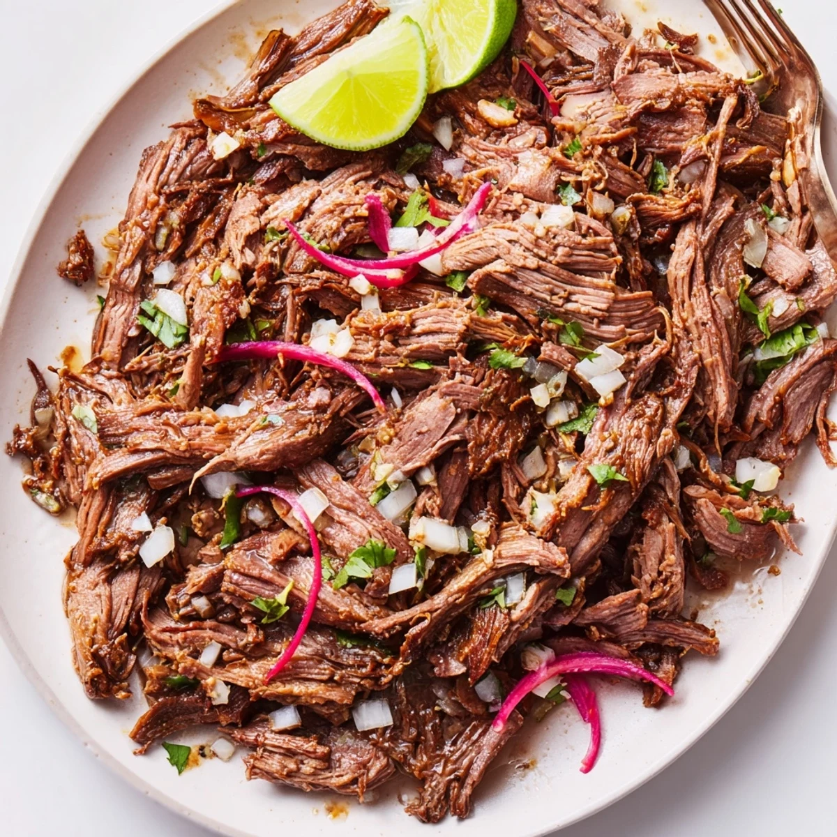 Slow Cooker Beef Barbacoa, tender shredded beef piled on warm tortillas