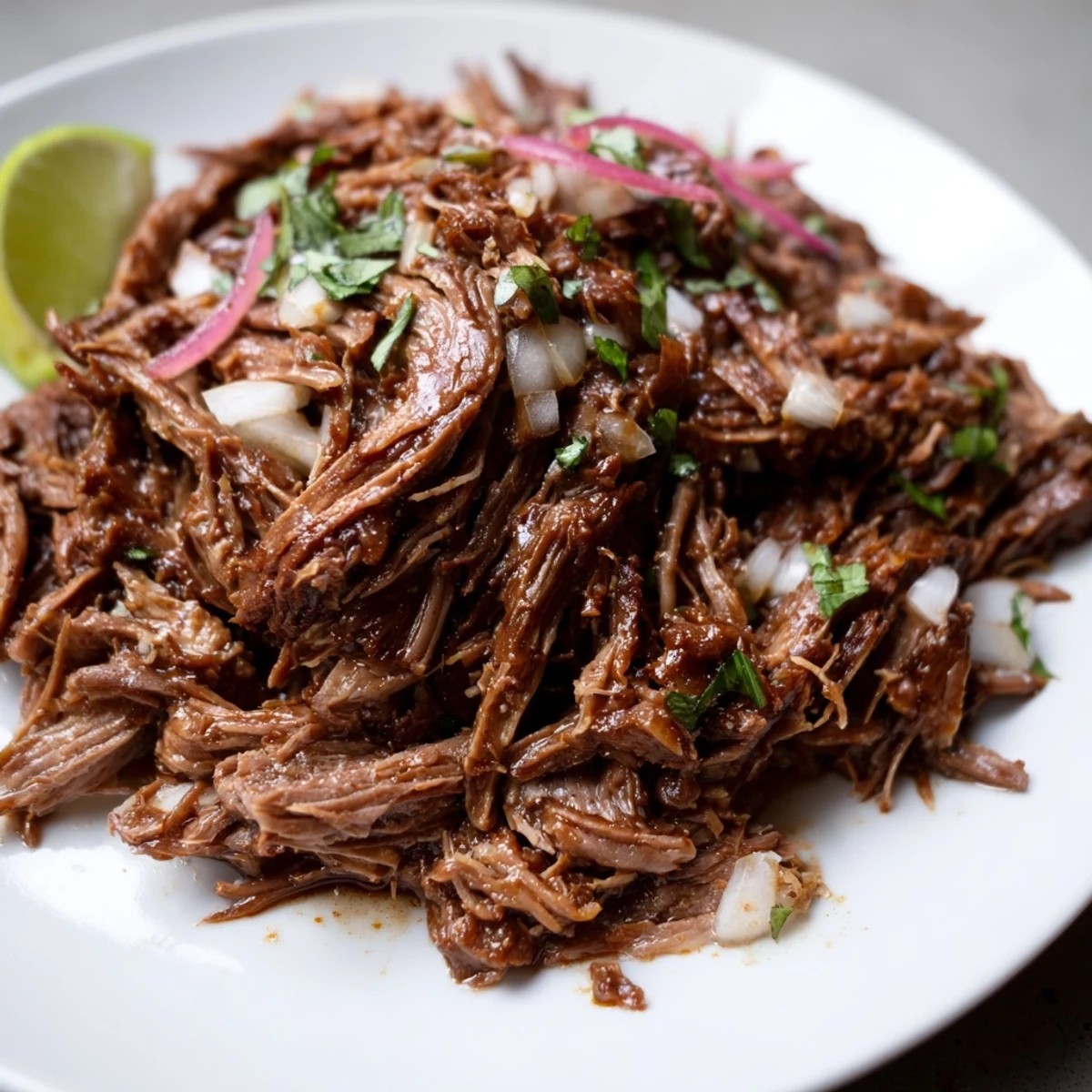 A bowl of Slow Cooker Beef Barbacoa steaming, smoky aroma, lime wedge