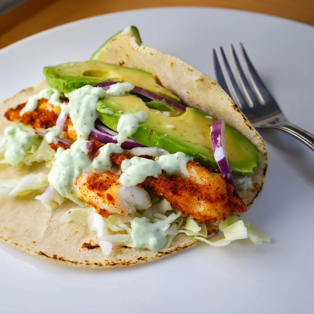 Citrusy dinner: Baked Cod Fish Tacos with Creamy Cilantro Lime Sauce, avocado slices