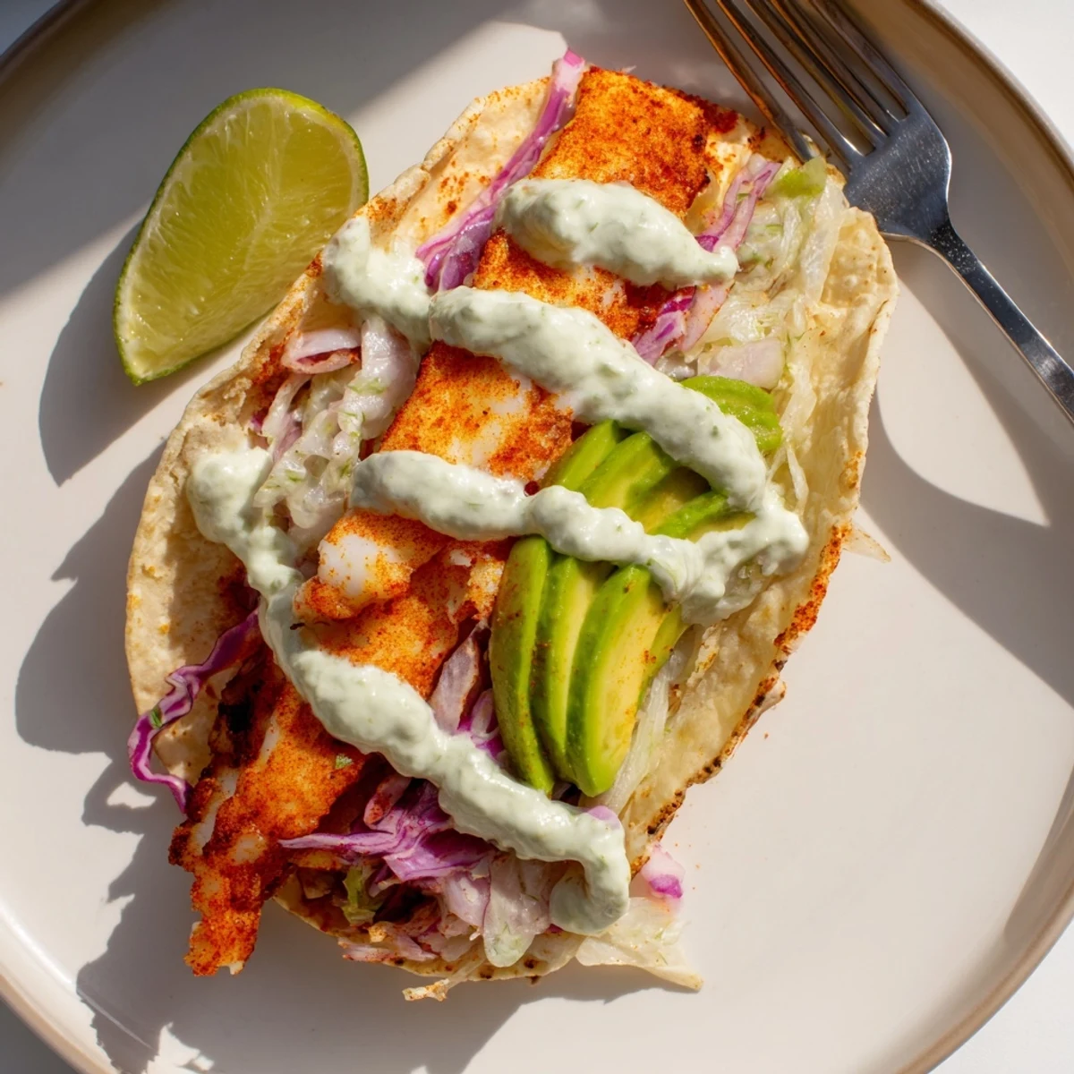 Warm tortillas cradle fillets in Baked Cod Fish Tacos with Creamy Cilantro Lime Sauce
