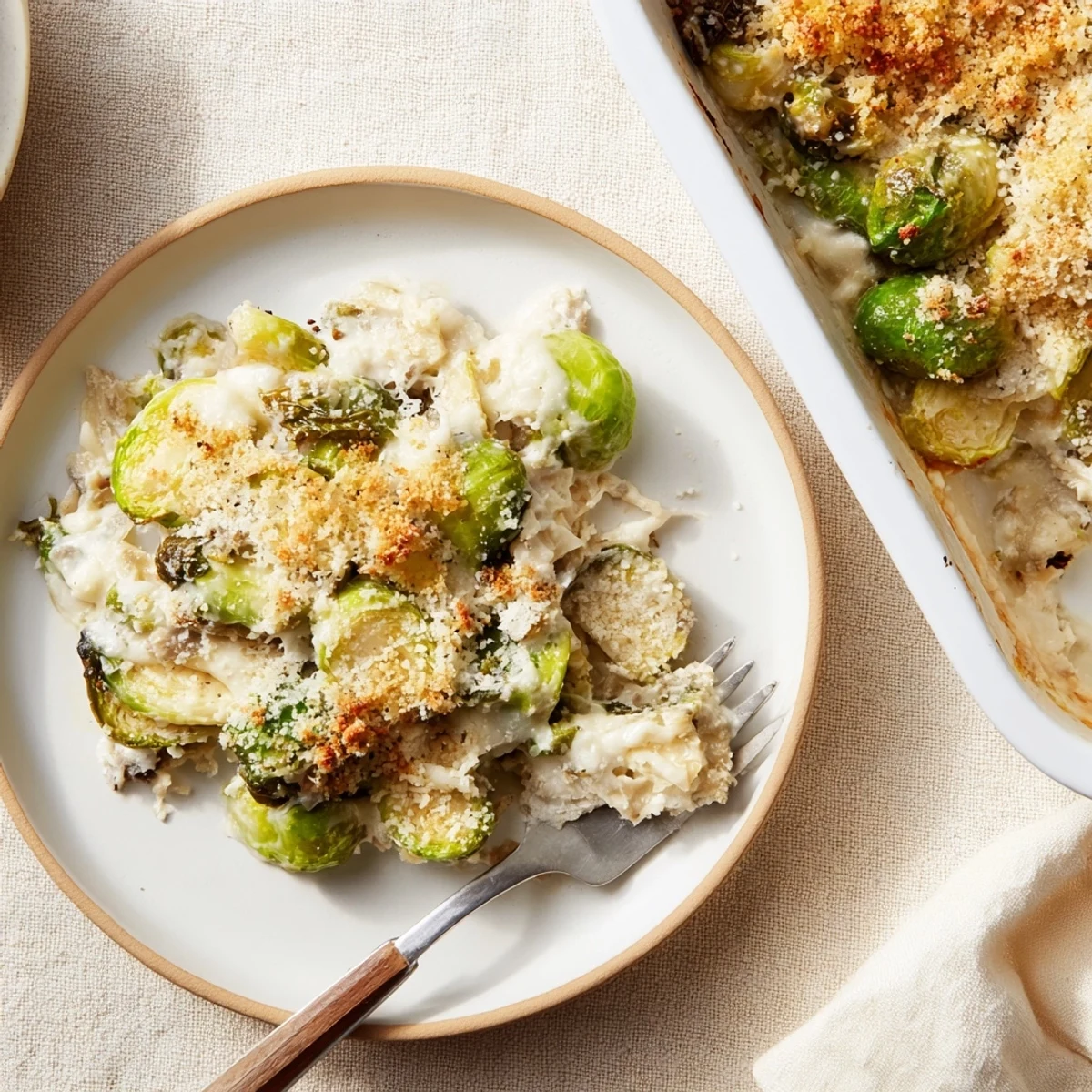 Creamy Parmesan Brussels Sprouts Casserole bubbling golden with crunchy panko topping, steaming