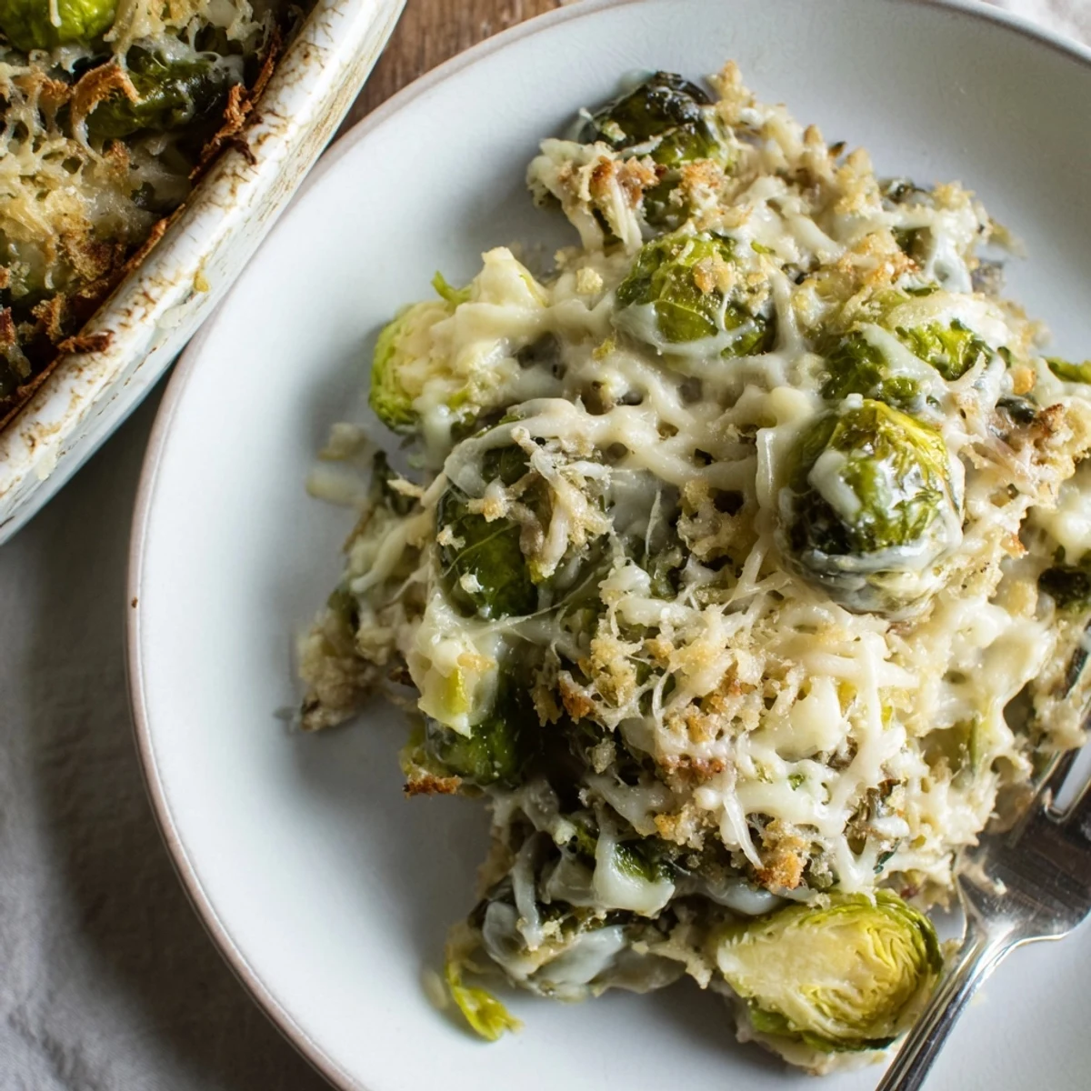 Oven browned Creamy Parmesan Brussels Sprouts Casserole, rich buttery sauce with nutmeg