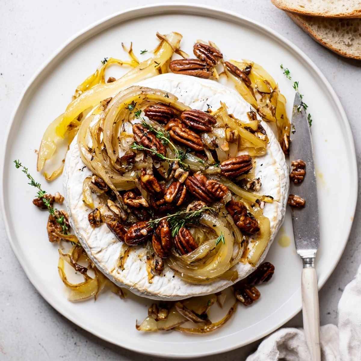 Baked Brie With Caramelized Onions And Pecans, warm and gooey on serving board