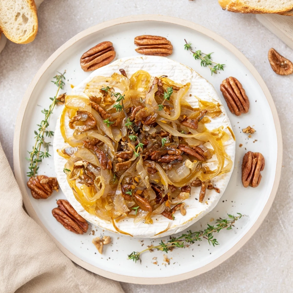 Baked Brie With Caramelized Onions And Pecans served bubbling with crusty baguette slices