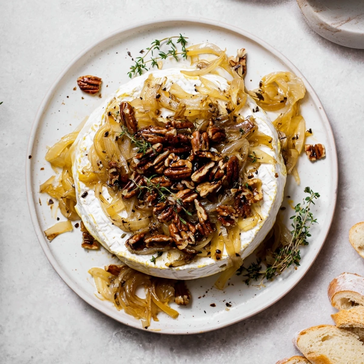 Creamy, oozing wheel of Baked Brie With Caramelized Onions And Pecans, sprinkled with thyme
