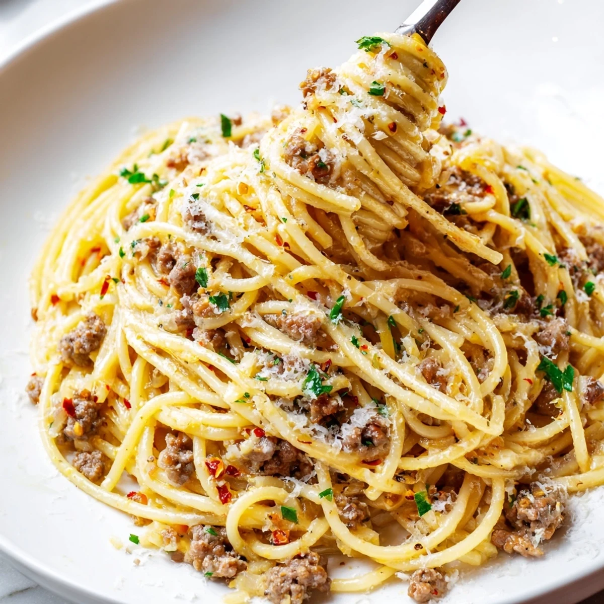 Garlic butter pasta with ground beef topped with melted Parmesan and fresh parsley