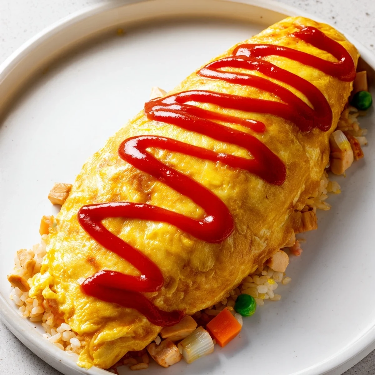 Golden omurice with silky omelette draped over savory ketchup fried rice