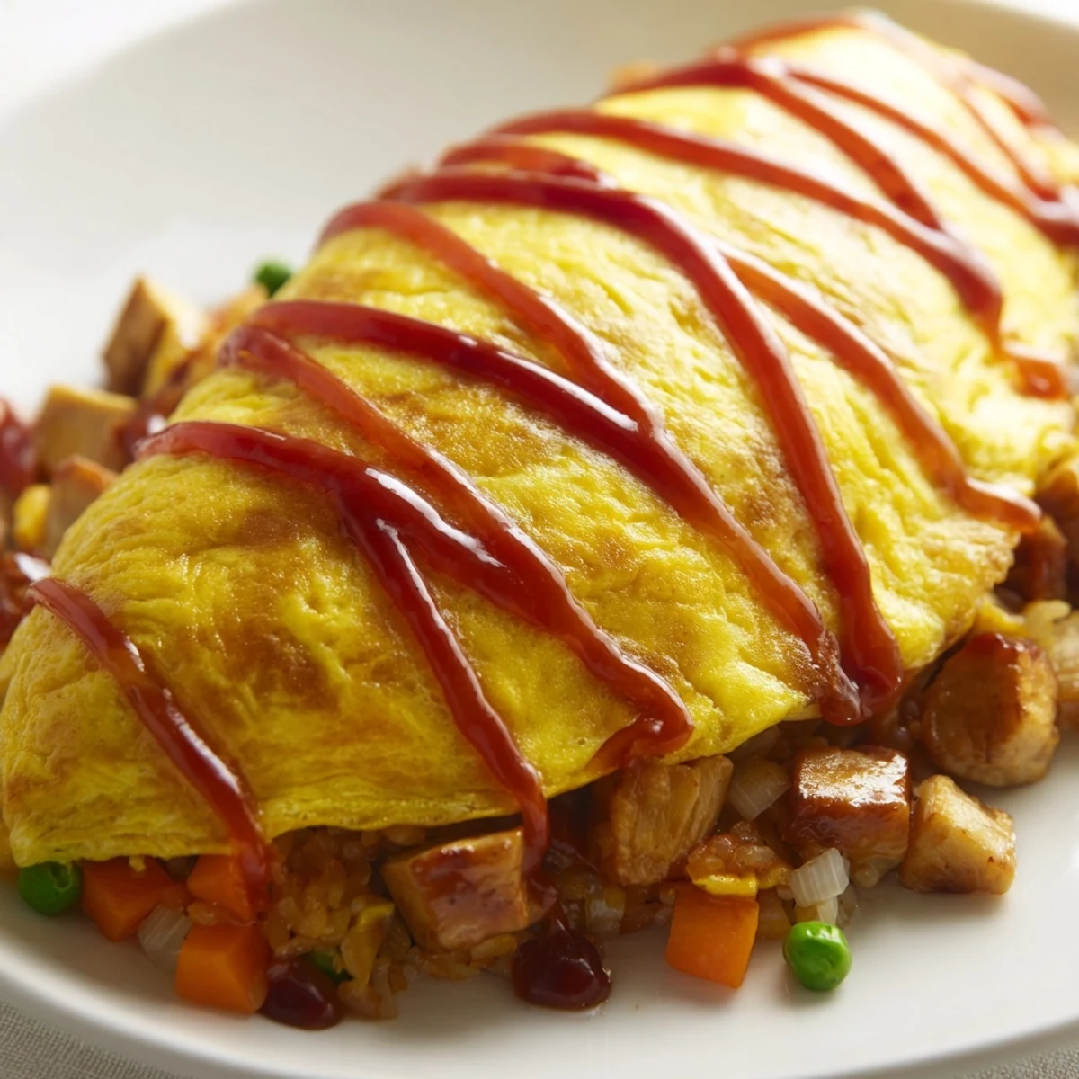 Steaming omurice revealing colorful chicken fried rice beneath a tender yellow omelette