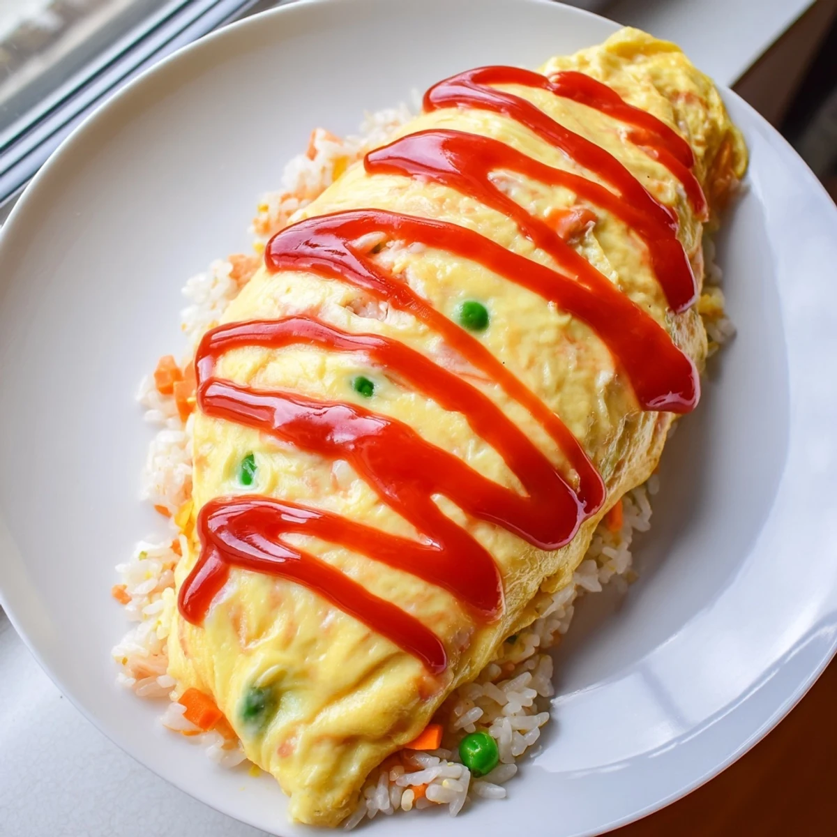 Omurice plated on white dish with glossy egg blanket and zigzag ketchup