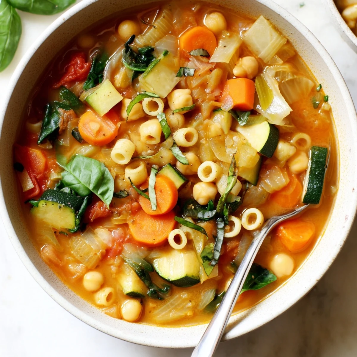 Steaming bowl of Vegan Italian Penicillin Soup with tender vegetables and fresh basil garnish
