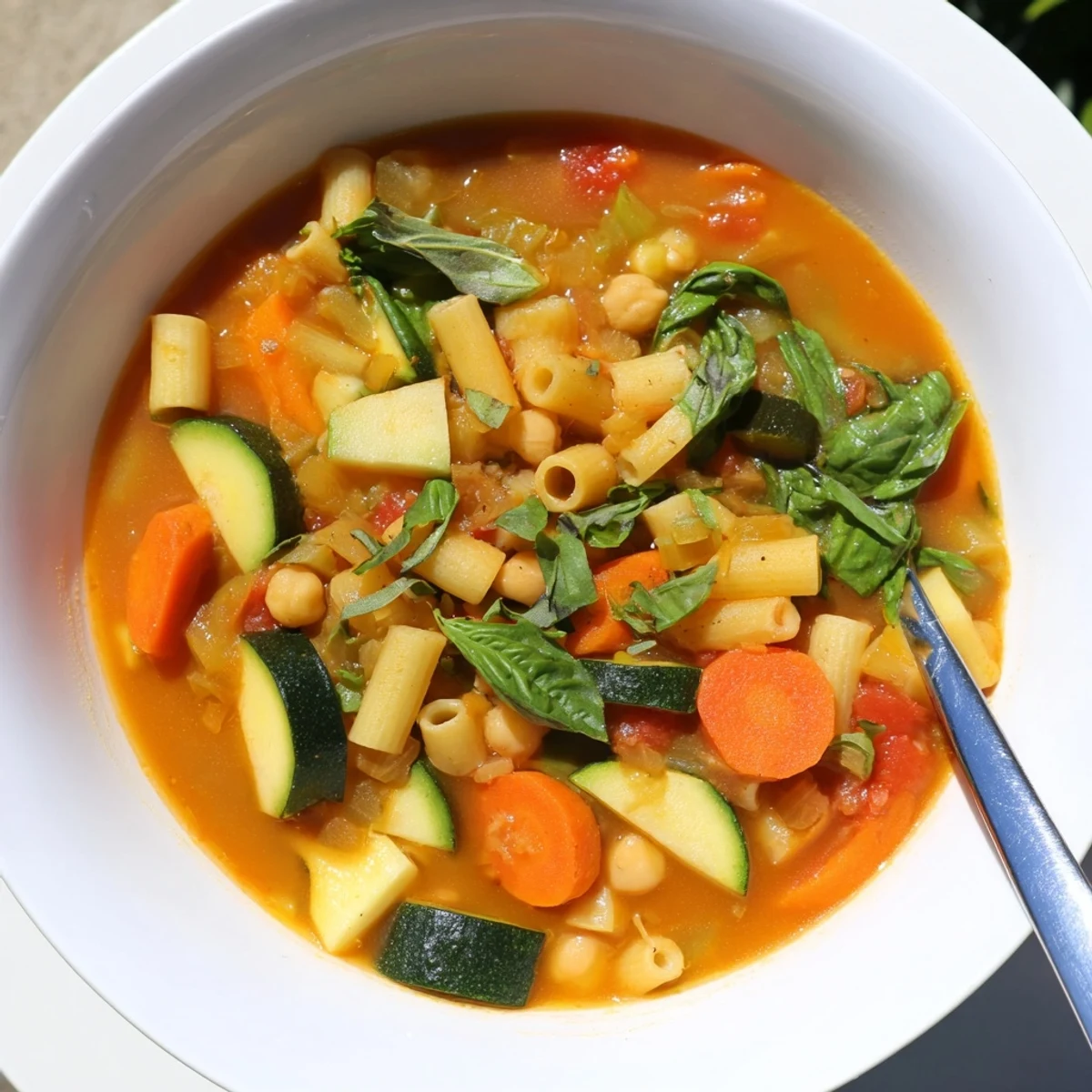Golden broth of Vegan Italian Penicillin Soup brimming with chickpeas, pasta, and leafy greens