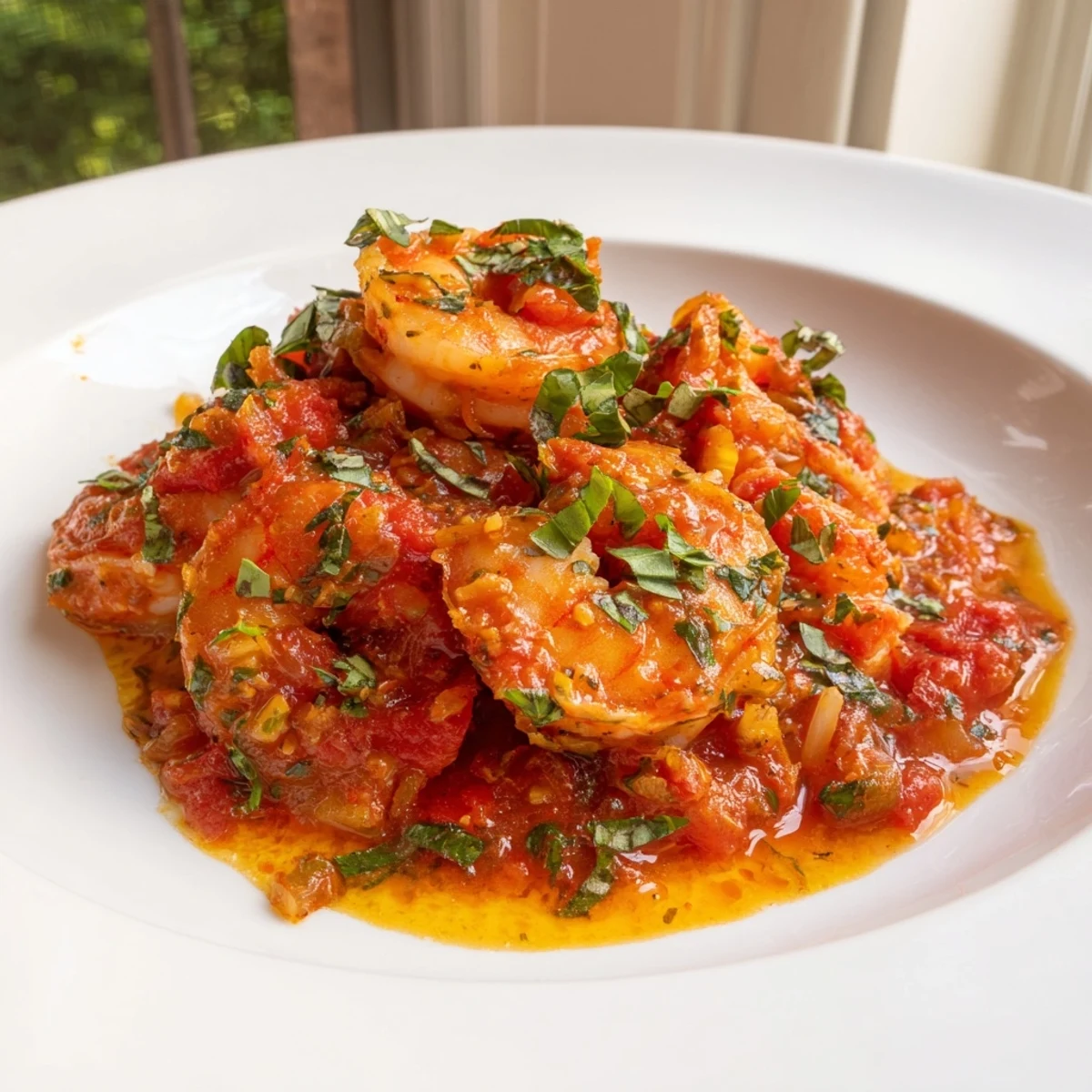 Plump pink shrimp nestled in fiery Shrimp Fra Diavolo sauce over steaming linguine pasta