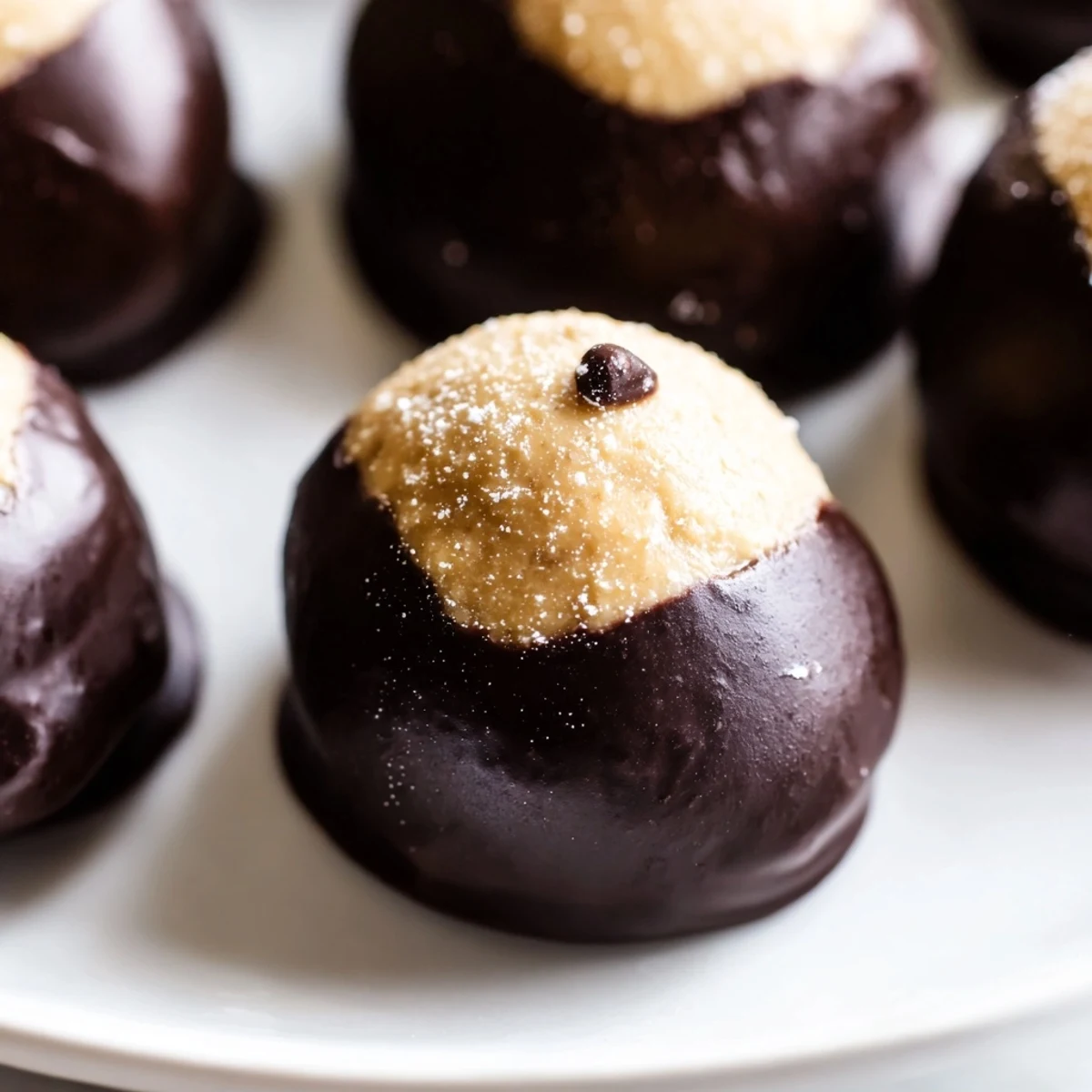 Golden buckeye cookies with rich peanut butter centers dipped in glossy dark chocolate on parchment paper.