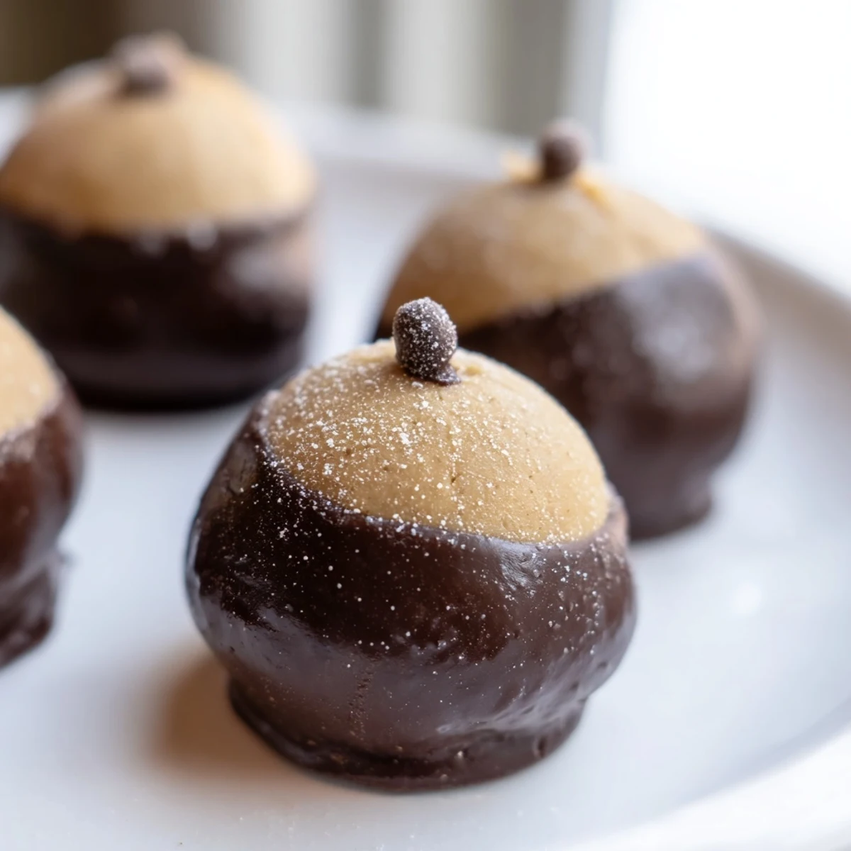 Creamy peanut butter balls partially coated in smooth chocolate arranged on a rustic serving platter.