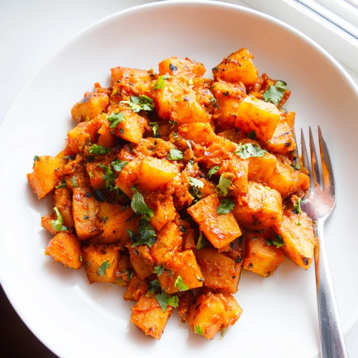 Golden papas con chile with tender potatoes in a rich, mildly spicy red sauce