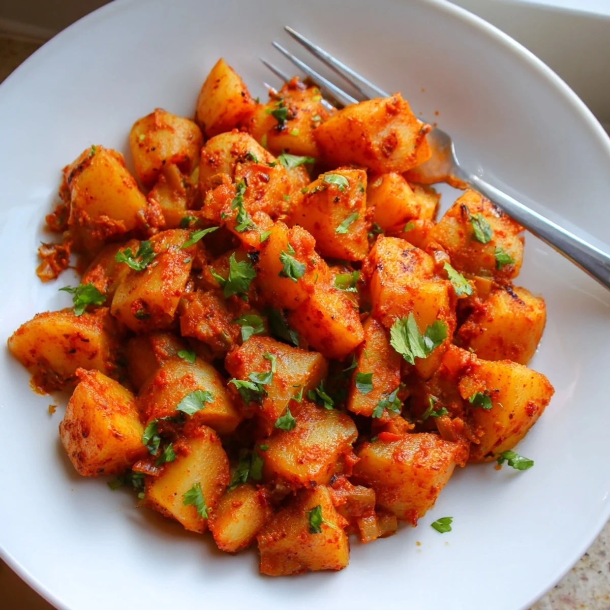 Hearty papas con chile garnished with fresh cilantro in a cast iron skillet