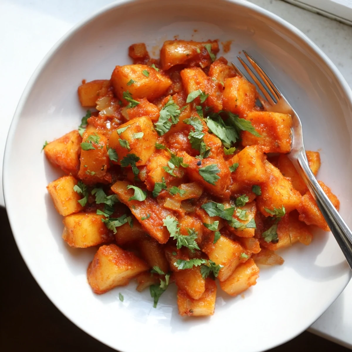 Creamy papas con chile topped with chopped cilantro served warm on a rustic plate