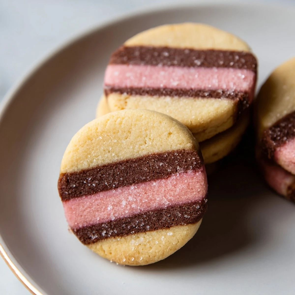 Colorful Neapolitan Cookies sliced to reveal chocolate, vanilla, and strawberry dough layers on a baking sheet.