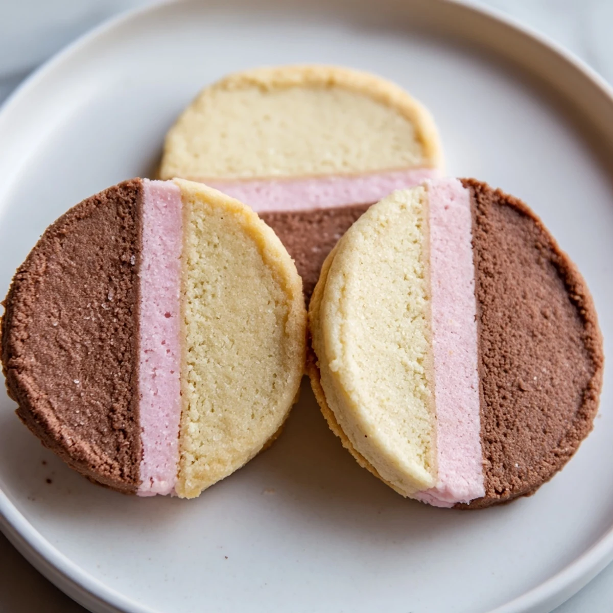 Freshly baked Neapolitan Cookies with golden edges arranged on a wire cooling rack.