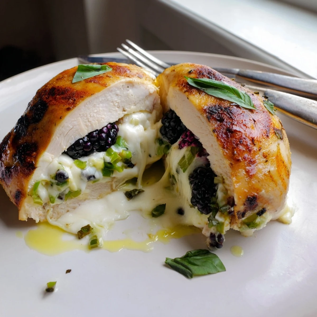 Golden baked blackberry jalapeno stuffed chicken with melted mozzarella on a rustic dish