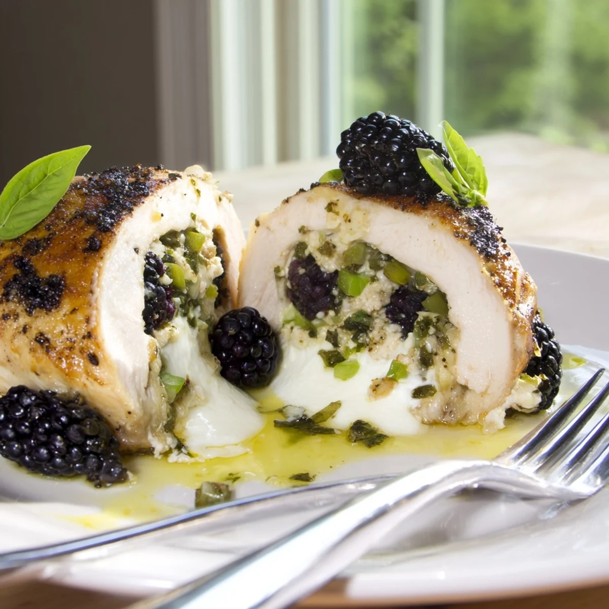 Creamy goat cheese and blackberry jalapeno stuffed chicken bubbling hot from the oven