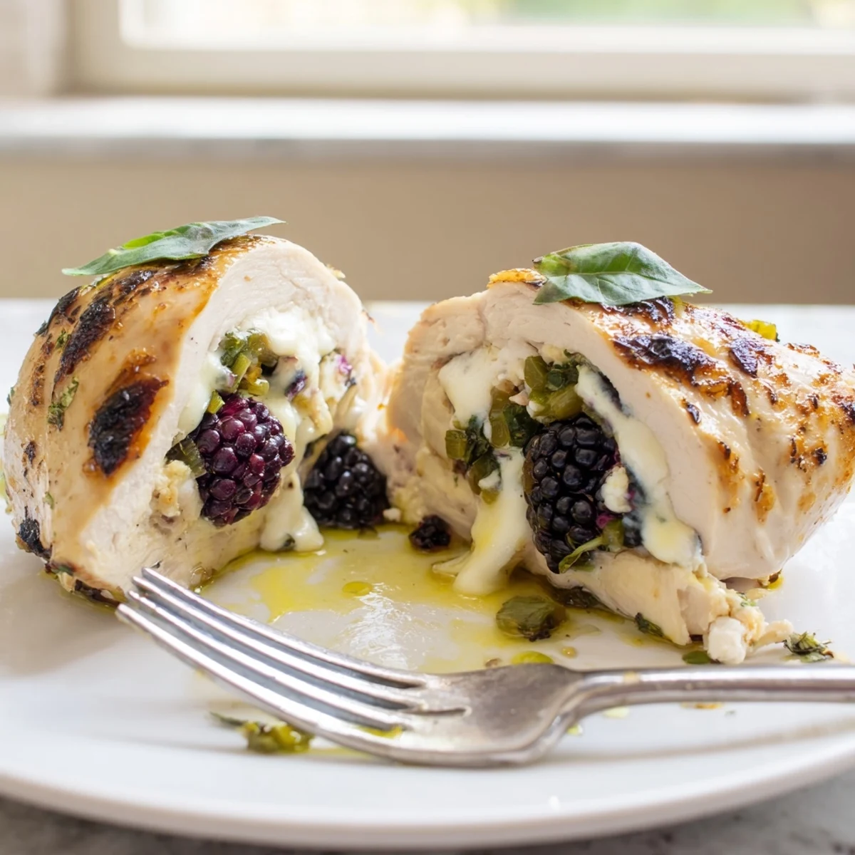 Juicy blackberry jalapeno stuffed chicken oozing with melted cheese and fresh basil garnish