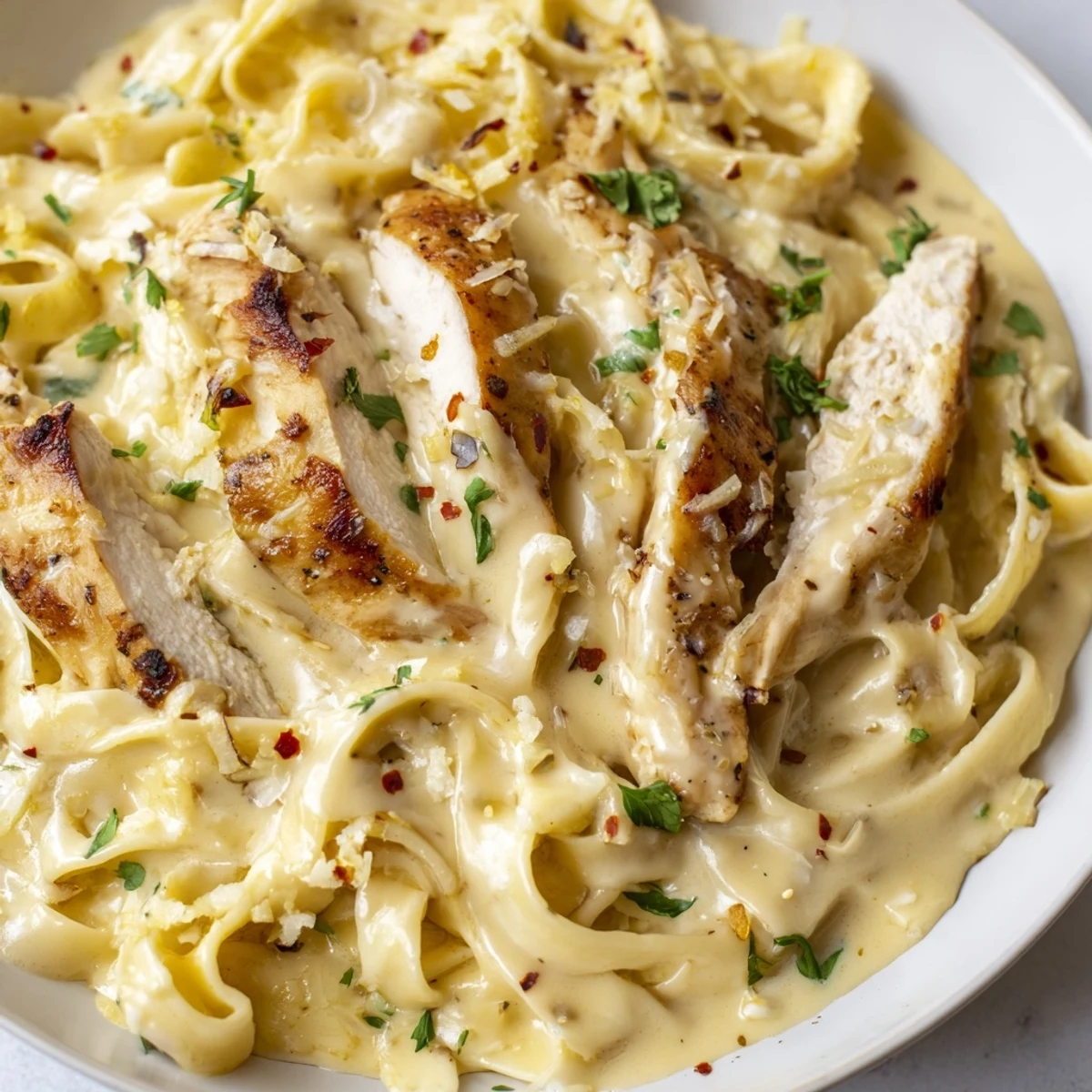 Creamy Garlic Parmesan Chicken Pasta topped with fresh parsley on a white plate