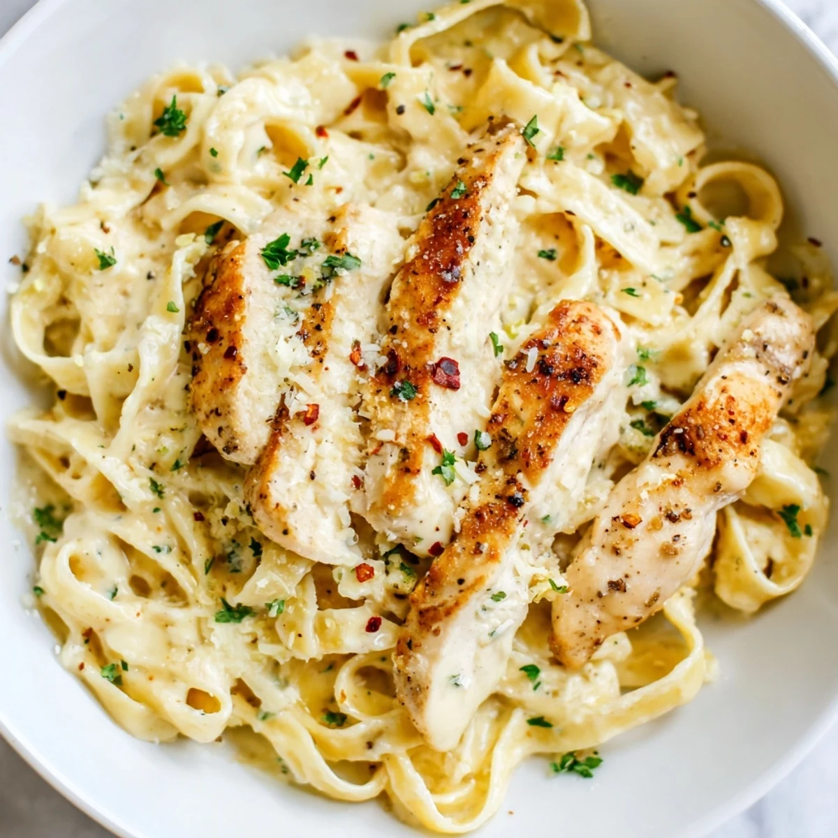 Steaming bowl of Creamy Garlic Parmesan Chicken Pasta coated in silky golden sauce