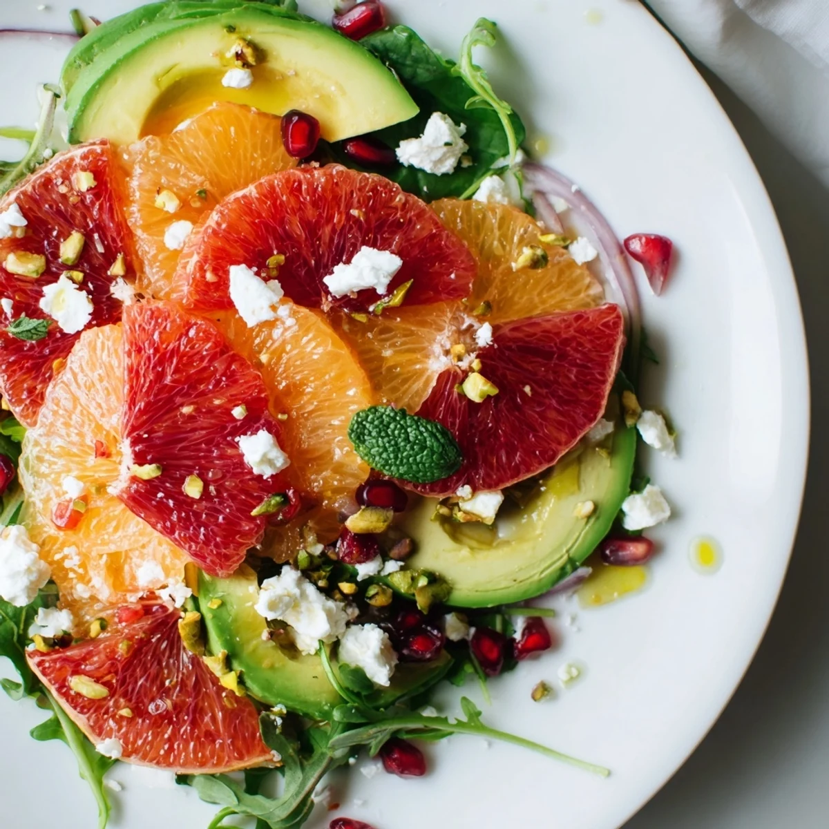 Glossy orange and grapefruit segments topped with ruby pomegranate jewels and tangy feta cheese