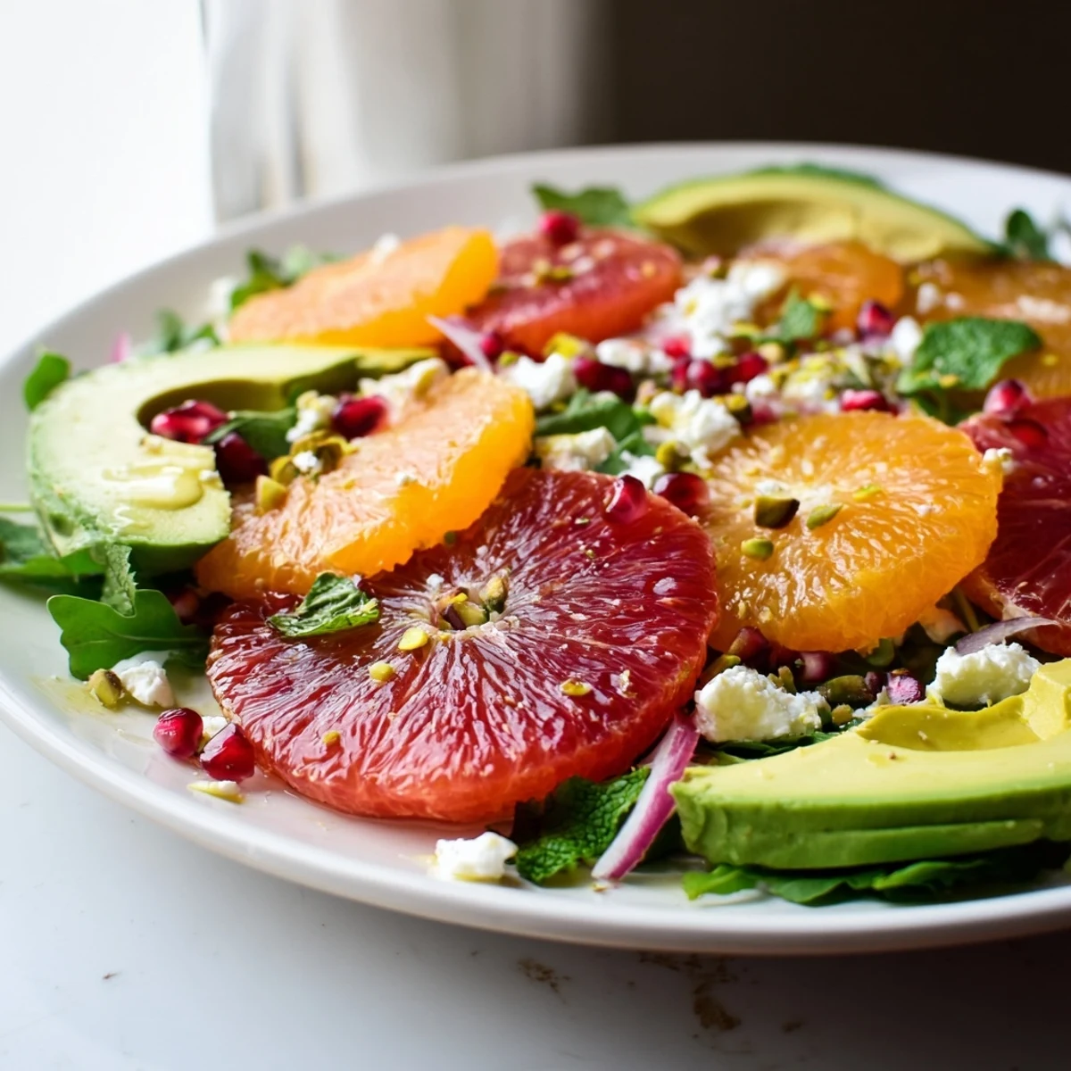 Bright citrus salad with pomegranate seeds, creamy avocado slices, and crumbled feta on greens