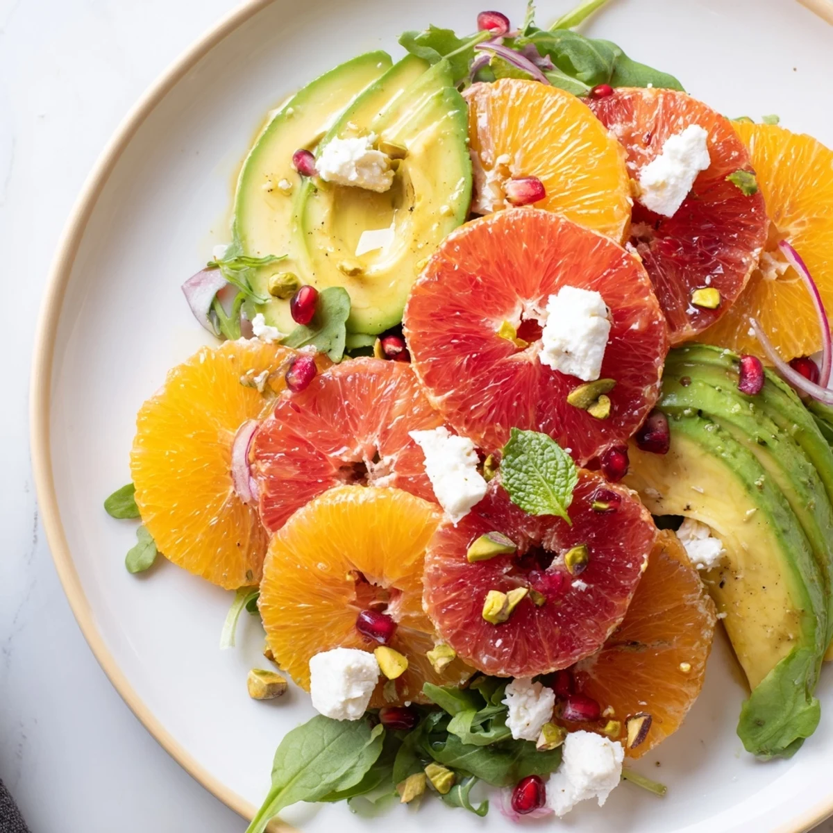 Colorful Mediterranean citrus salad arranged on a platter with avocado and scattered pomegranate arils