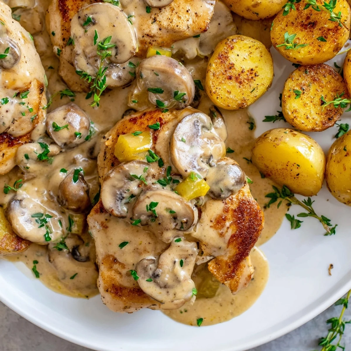 Creamy mushroom chicken with golden sear nestled in a rich, velvety herb sauce