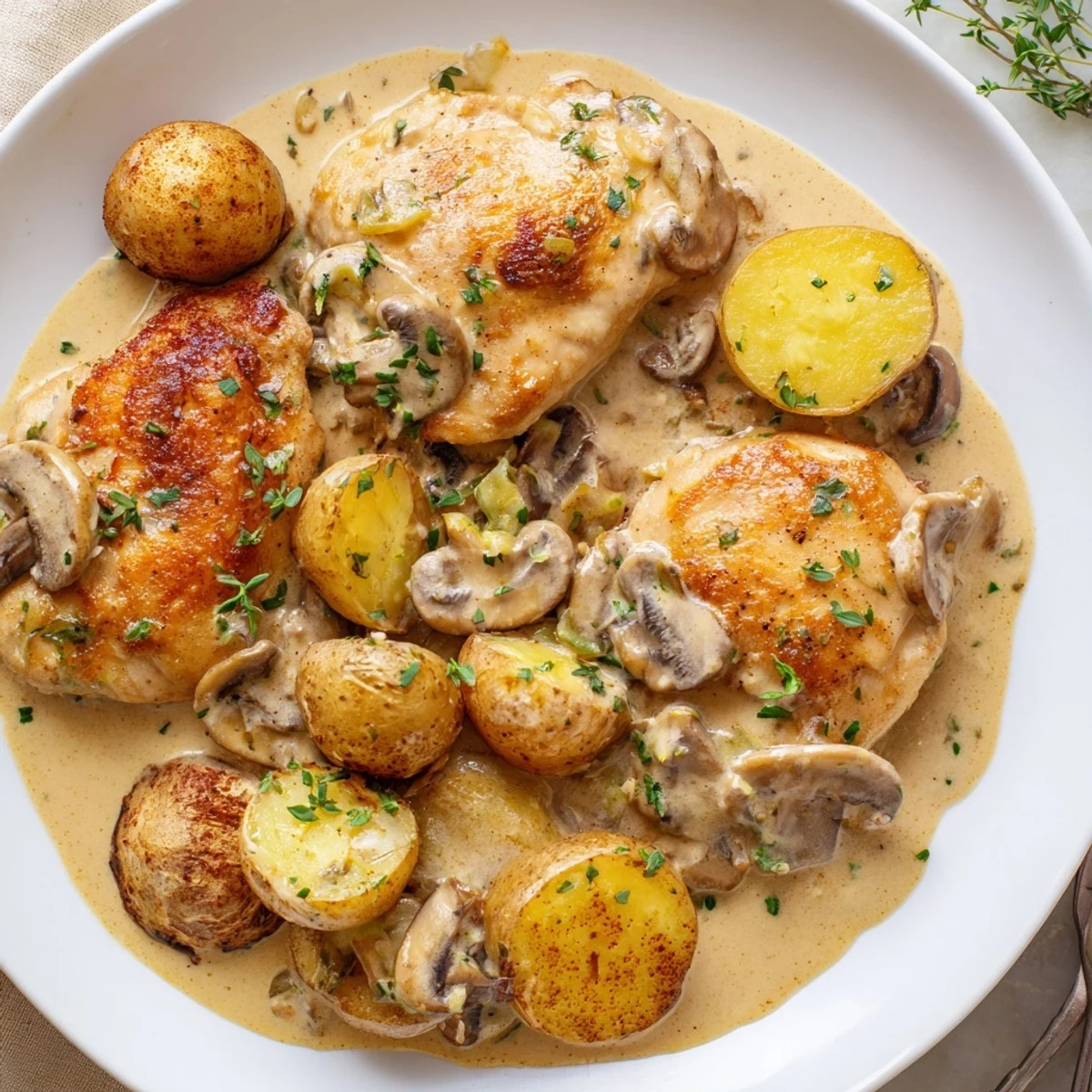 Crispy herb potatoes alongside creamy mushroom chicken topped with fresh thyme garnish