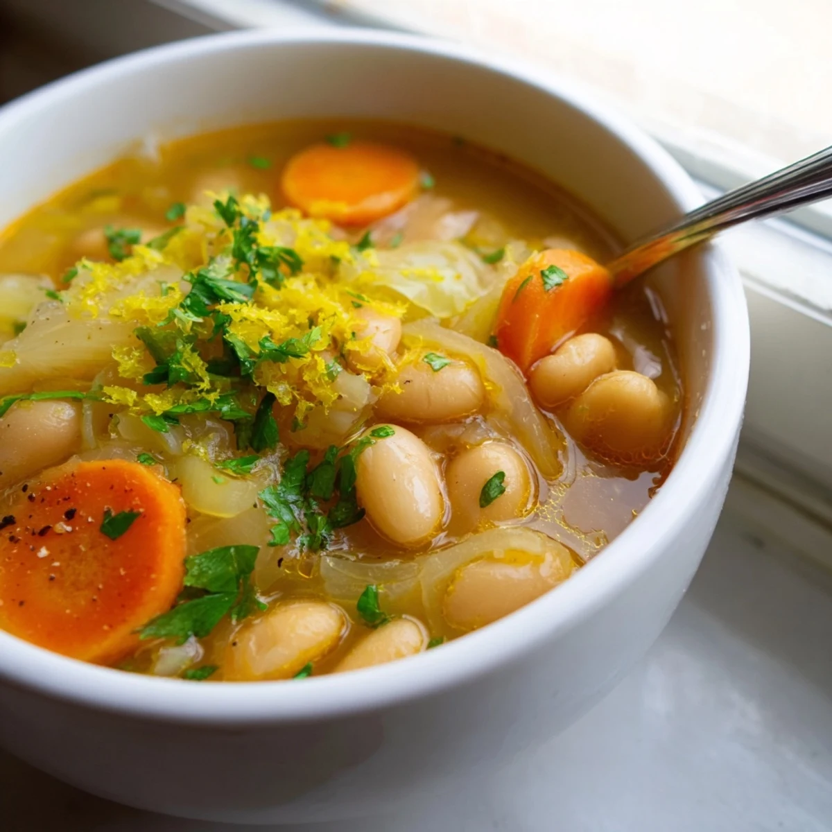 A steaming bowl of brothy carrot butter bean soup topped with fresh parsley and lemon zest