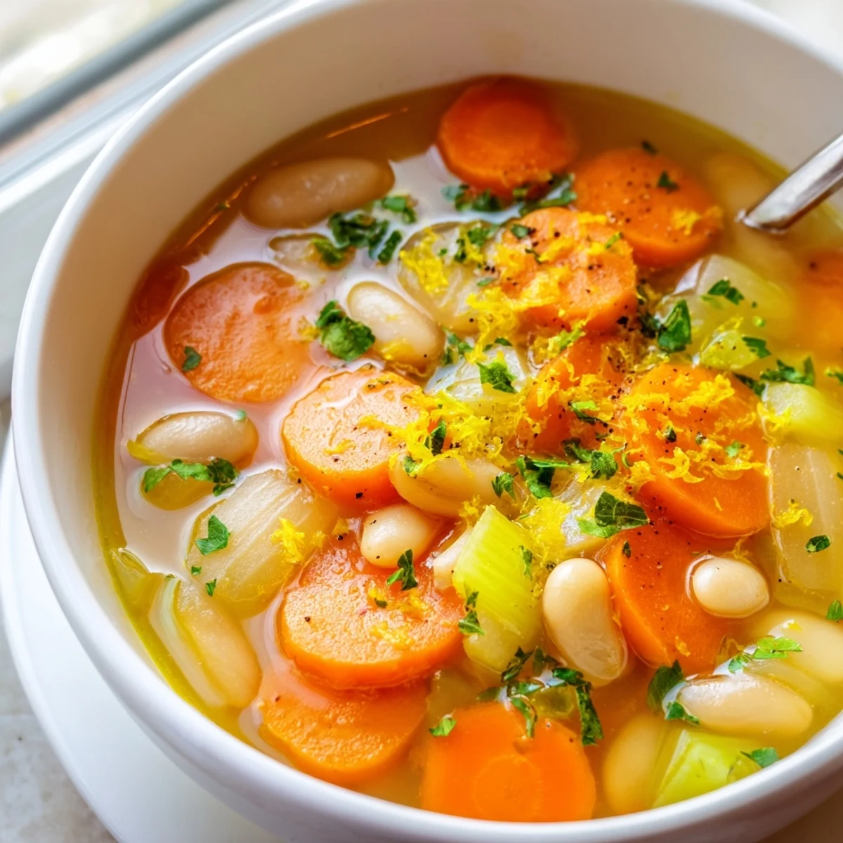 Golden carrot slices and plump butter beans float in a savory vegetarian broth served in a rustic bowl