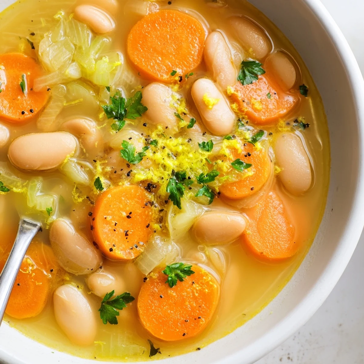Creamy butter beans and tender carrots simmer in a fragrant vegetable broth garnished with cracked black pepper