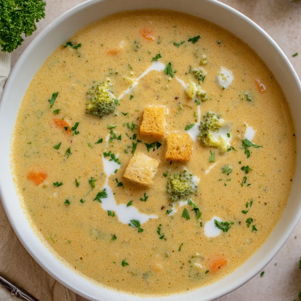 A steaming bowl of creamy vegetable soup topped with golden croutons and fresh parsley