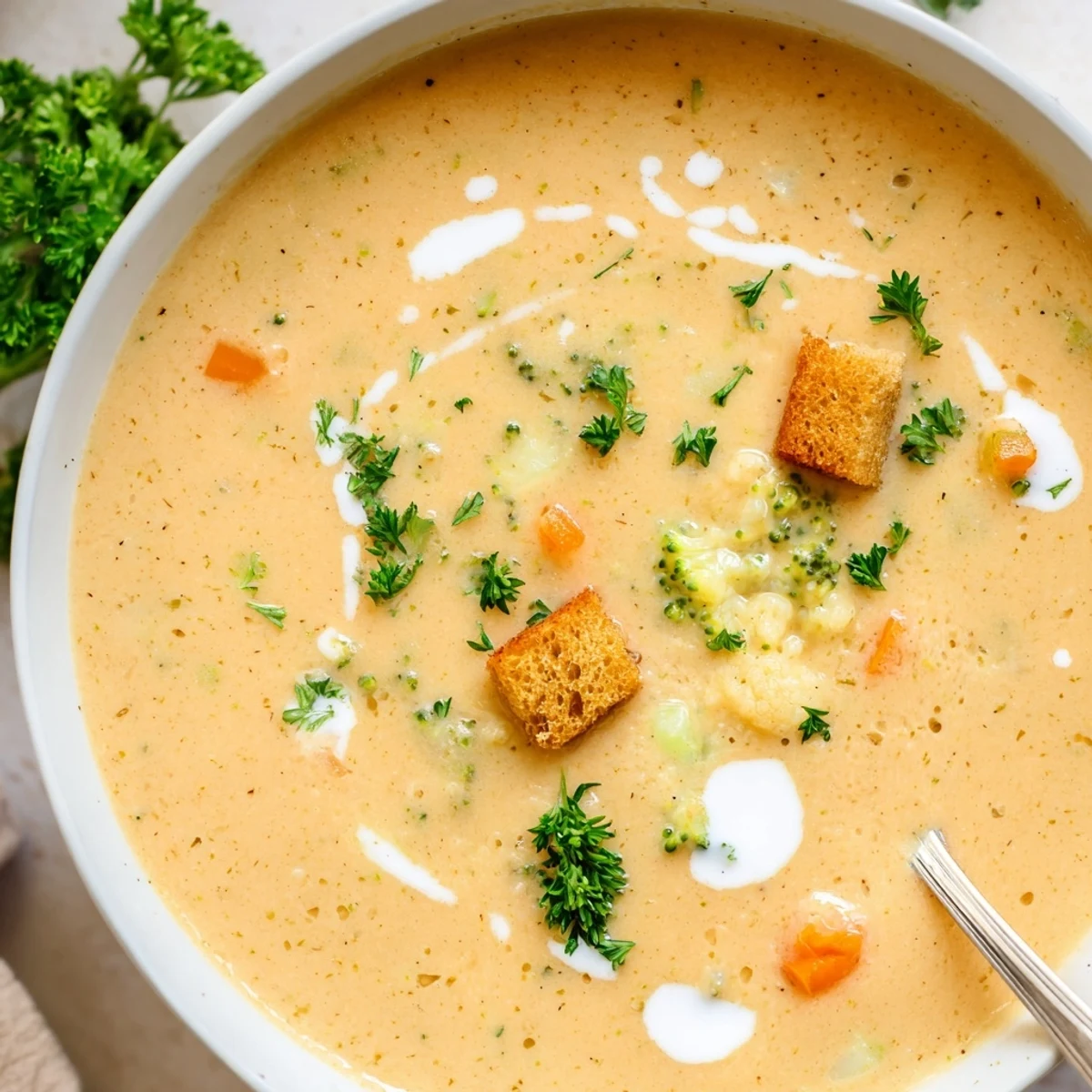 Creamy vegetable soup in a rustic bowl with vibrant green herbs and crusty bread
