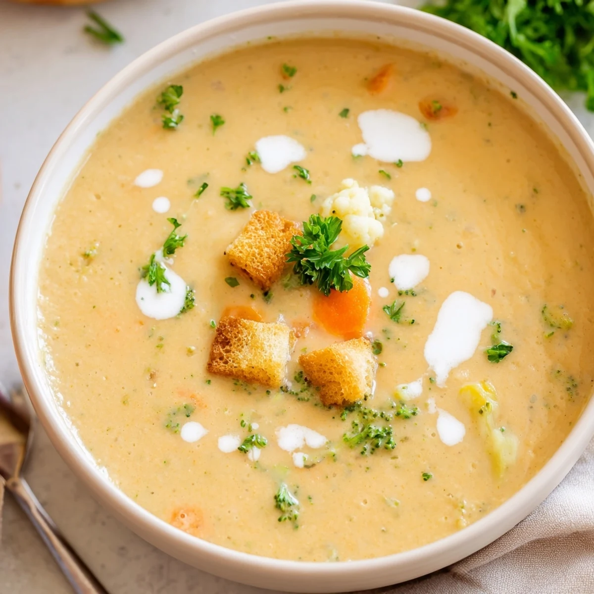 Velvety creamy vegetable soup ladled into a white bowl beside a wooden spoon