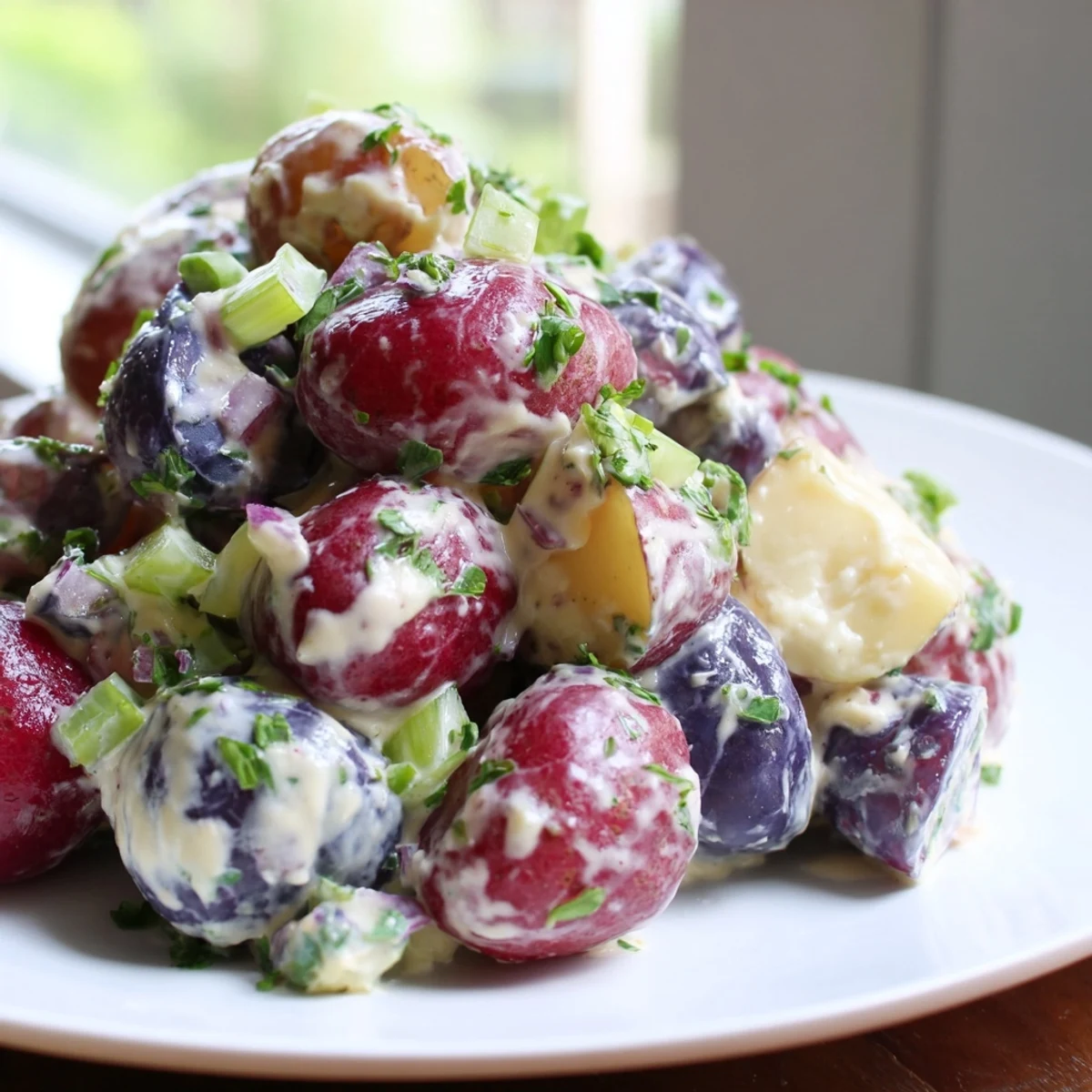 Colorful red white and blue potato salad glistening with creamy tangy herb dressing in a serving bowl